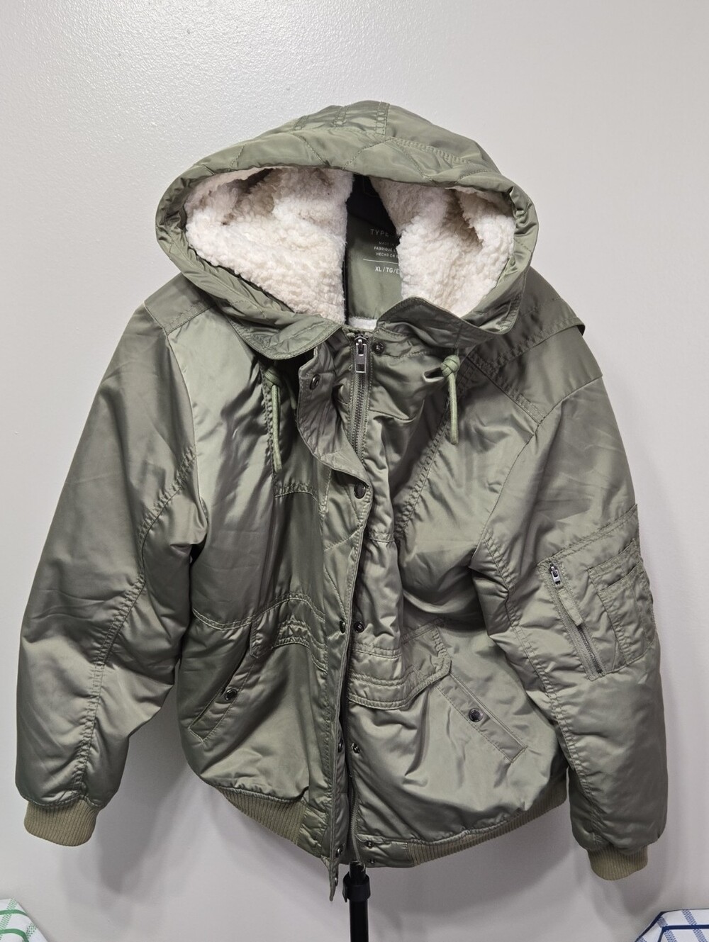 American Eagle Outfitters Olive Green Bomber Jacket with Sherpa Hood